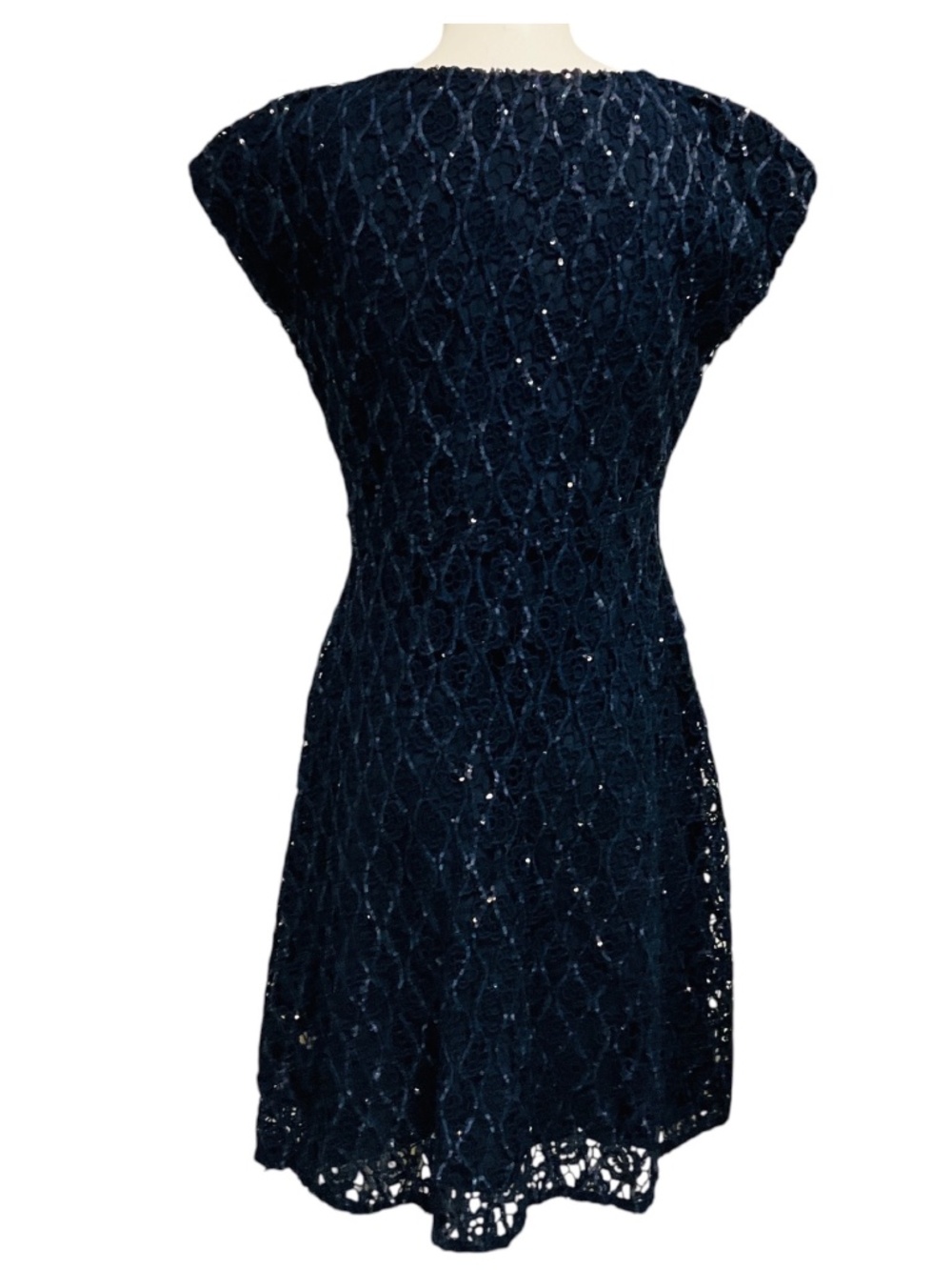 CHRISTIAN DIOR NAVY BLUE SEQUINED SHORT SLEEVED FLORAL LACE COCKTAIL DRESS - Picture 3 of 5